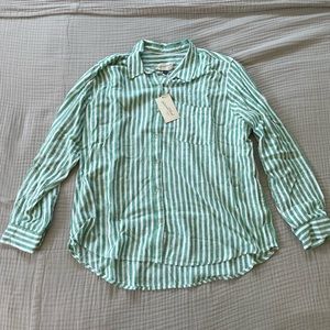 Women's Long Sleeve Relaxed Fit Collared Button-Down - Green Striped